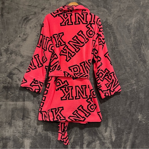 Victoria’s Secret Pink Logo Print Robe Women Medium Sleep Lounge Wear Pink Black - Picture 5 of 13